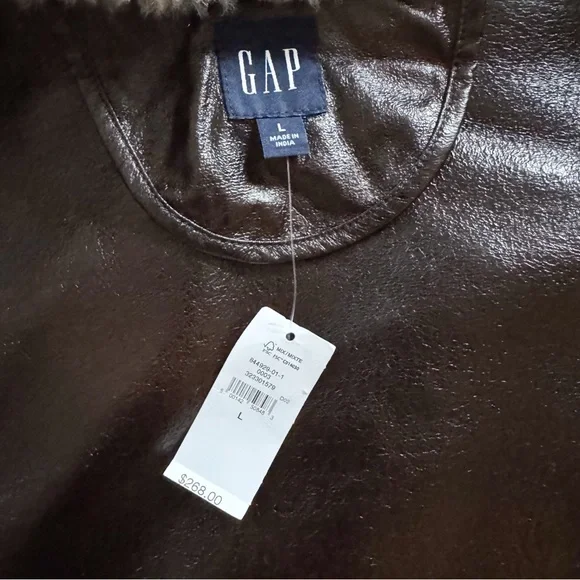 NWT Gap Cream Sherpa & Faux Brown Leather Oversized Jacket Coat Size L Vegan - Picture 13 of 16